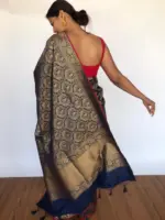 Navy Blue Banarasi Silk Saree with Antique Zari Weaves - Image 2