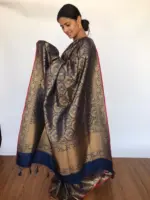 Navy Blue Banarasi Silk Saree with Antique Zari Weaves - Image 3