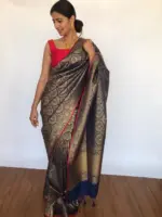 Navy Blue Banarasi Silk Saree with Antique Zari Weaves - Image 5