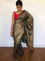 Green Banarasi Silk Saree with Jaquard Gold Zari Weaves - Image 4