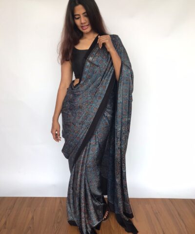 Blue Pure Modal Silk Saree with Ajrakh Hand Block Prints