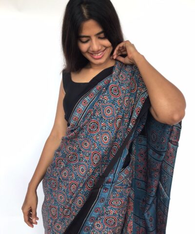 Blue Pure Modal Silk Saree with Ajrakh Hand Block Prints