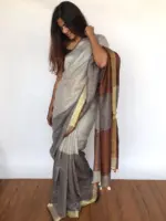 Pure Handwoven Grey Linen Saree - Image 2