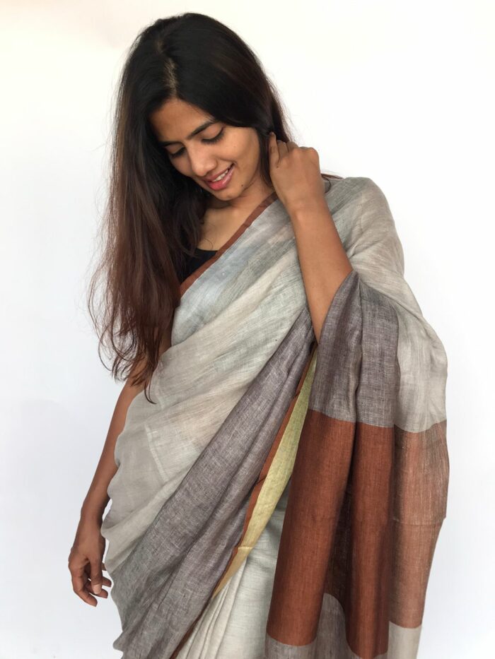 Pure Handwoven Grey Linen Saree