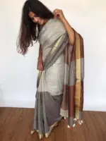 Pure Handwoven Grey Linen Saree - Image 3