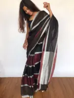 Pure Handmade Multicolor Linen Saree with Silver Zari Border - Image 3