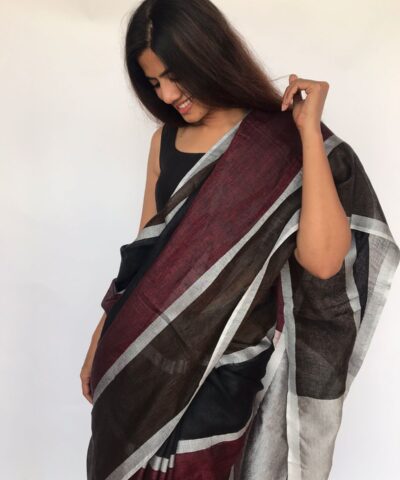 Pure Handmade Multicolor Linen Saree with Silver Zari Border