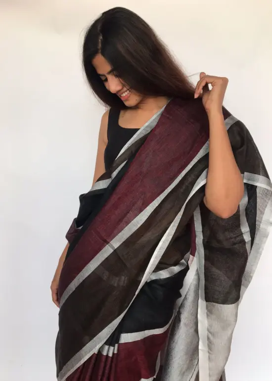Pure Handmade Multicolor Linen Saree with Silver Zari Border