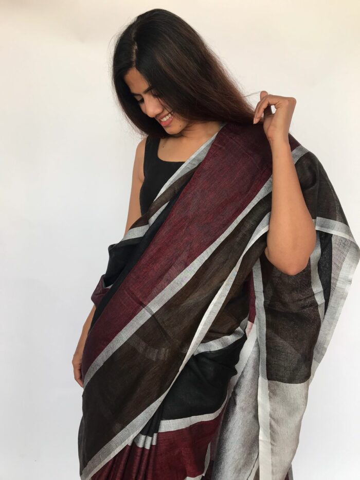 Pure Handmade Multicolor Linen Saree with Silver Zari Border