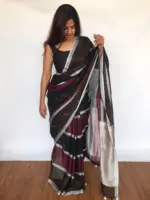 Pure Handmade Multicolor Linen Saree with Silver Zari Border - Image 4