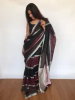 Pure Handmade Multicolor Linen Saree with Silver Zari Border - Image 5