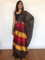 Pure Handmade Earthy Brown Linen Saree with Contrast Multicolor Pallu - Image 5