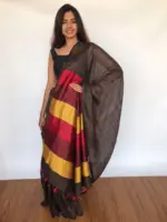 Pure Handmade Earthy Brown Linen Saree with Contrast Multicolor Pallu - Image 4