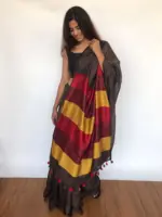 Pure Handmade Earthy Brown Linen Saree with Contrast Multicolor Pallu - Image 2