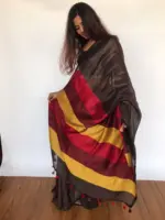 Pure Handmade Earthy Brown Linen Saree with Contrast Multicolor Pallu - Image 6