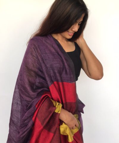 Pure Handmade Purple Linen Saree with Contrast Multicolor Pallu