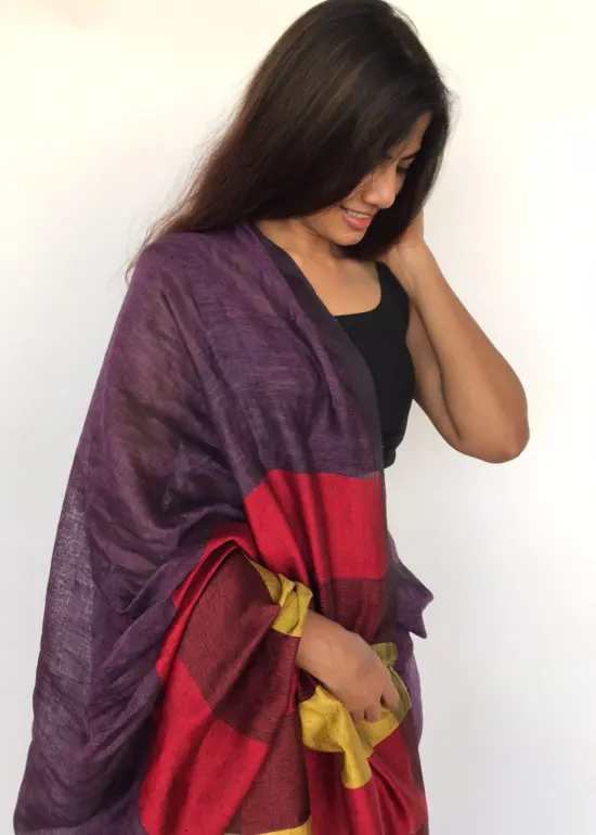 Pure Handmade Purple Linen Saree with Contrast Multicolor Pallu
