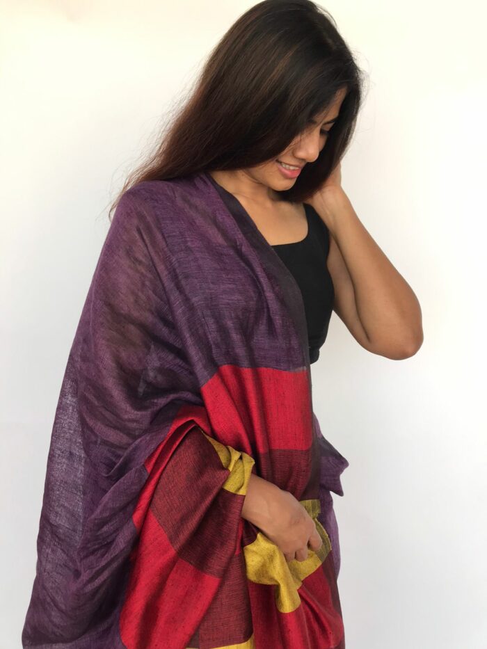 Pure Handmade Purple Linen Saree with Contrast Multicolor Pallu