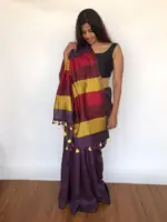 Pure Handmade Purple Linen Saree with Contrast Multicolor Pallu - Image 5