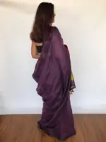 Pure Handmade Purple Linen Saree with Contrast Multicolor Pallu - Image 4