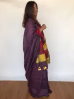 Pure Handmade Purple Linen Saree with Contrast Multicolor Pallu - Image 6