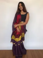 Pure Handmade Purple Linen Saree with Contrast Multicolor Pallu - Image 3