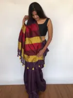 Pure Handmade Purple Linen Saree with Contrast Multicolor Pallu - Image 2