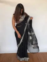 Pure Black Banarasi khaddi Chiffon Saree with Kadwa Zari Motifs - Image 3