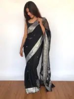 Pure Black Banarasi khaddi Chiffon Saree with Kadwa Zari Motifs - Image 6