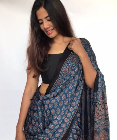 Blue Pure Modal Silk Saree with Ajrakh Hand Block Prints