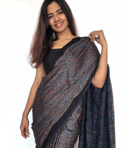 Blue Pure Modal Silk Saree with Ajrakh Hand Block Prints