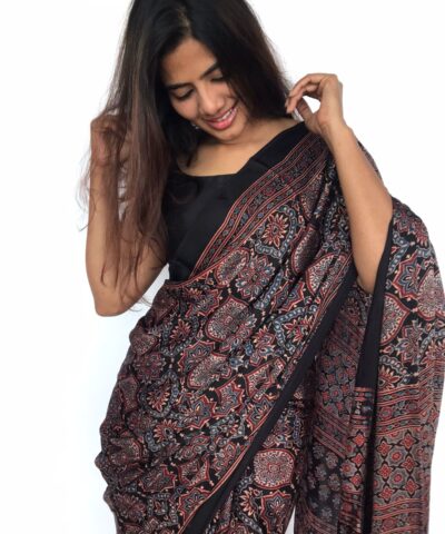 Black Pure Modal Silk Saree with Ajrakh Hand Block Prints
