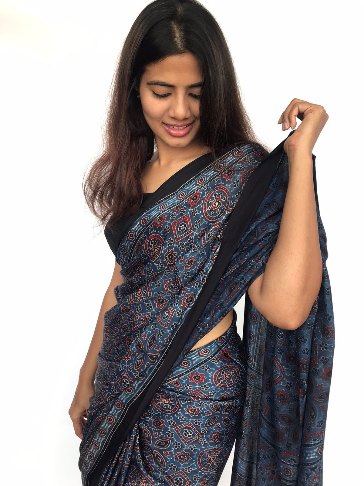 Blue Pure Modal Silk Saree with Ajrakh Hand Block Prints - Mirra Clothing