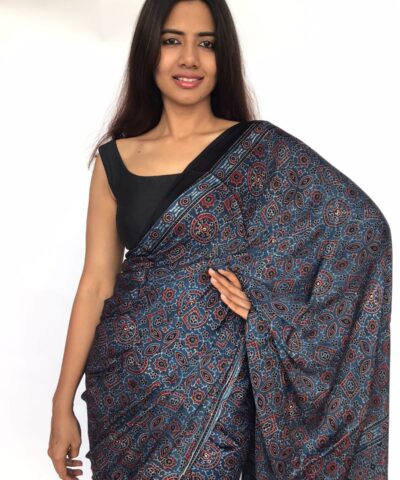 Blue Pure Modal Silk Saree with Ajrakh Hand Block Prints