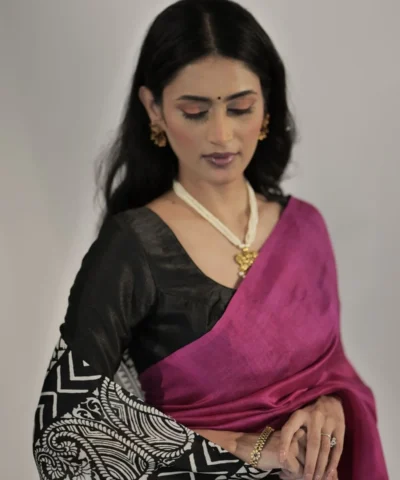 Pink Block Printed Pure Silk Saree