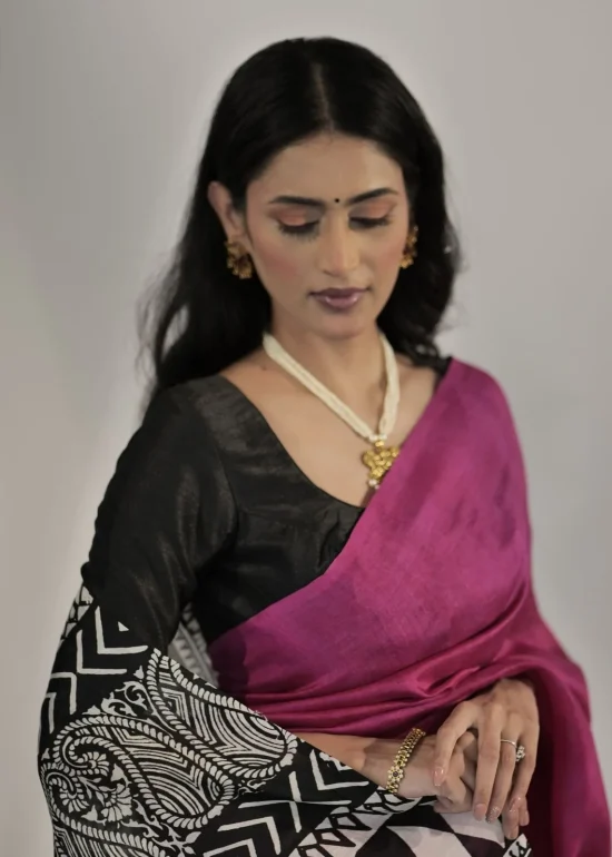 Pink Block Printed Pure Silk Saree