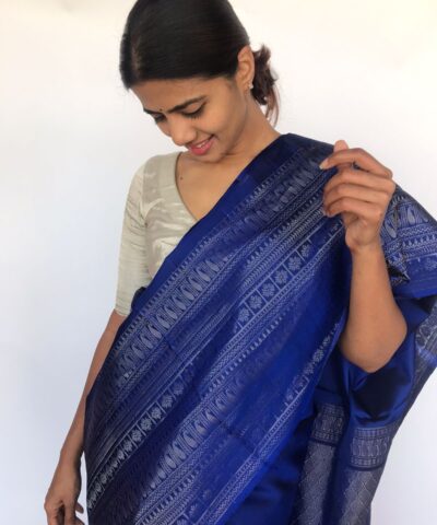 Royal Blue Kanjivaram Silk Saree Handwoven with Paisley Buttas
