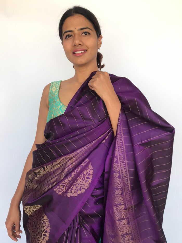 Purple Kanjivaram Saree with Gold Zari Stripes and Woven Border