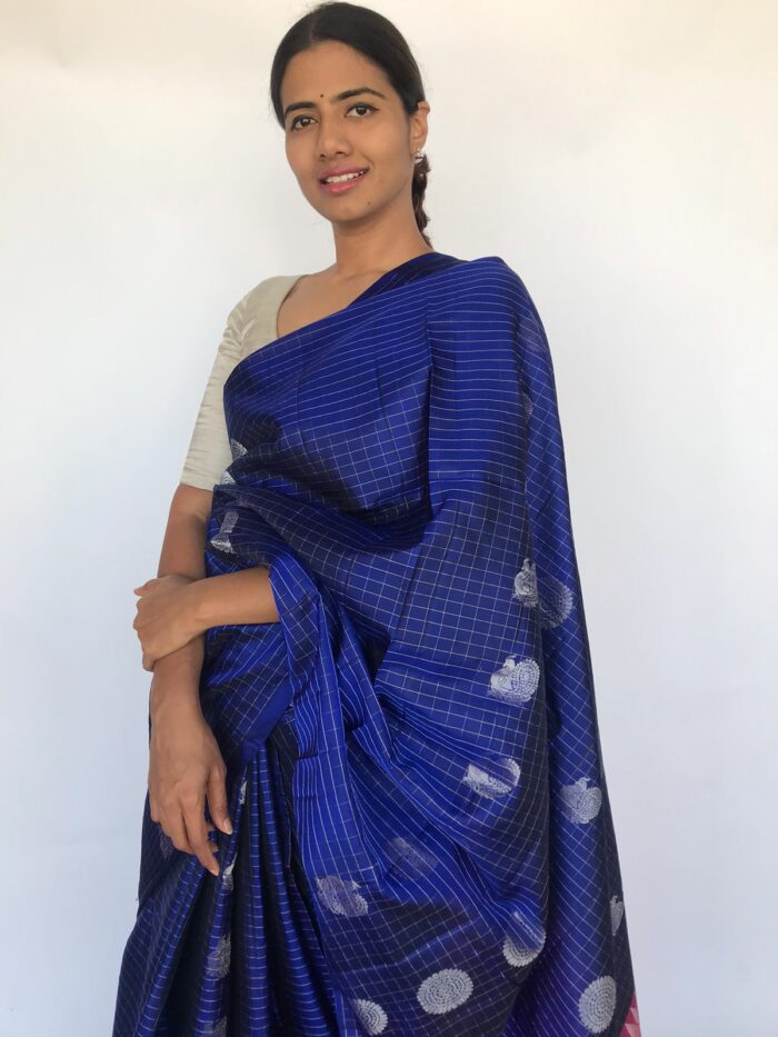 Royal blue kanjeevaram Saree with Silver Zari Checks