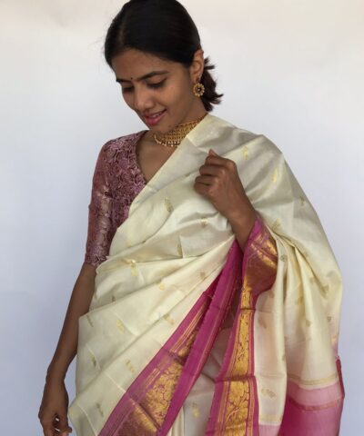 Ivory Kanjivaram Saree with Gold Buttas