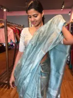 Pale Turquoise Pure Tussar Tissue Silk Saree - Image 9