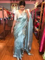 Pale Turquoise Pure Tussar Tissue Silk Saree - Image 6