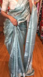 Pale Turquoise Pure Tussar Tissue Silk Saree - Image 5