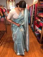 Pale Turquoise Pure Tussar Tissue Silk Saree - Image 4