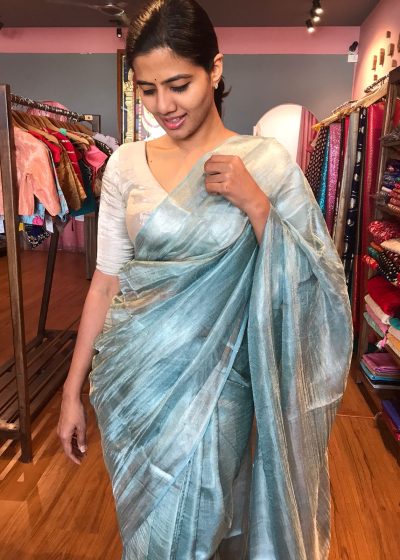 Pure Pale Turquoise Tussar Tissue Silk Saree