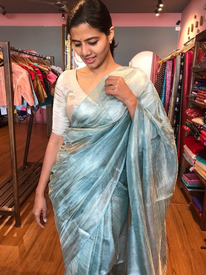 Pure Pale Turquoise Tussar Tissue Silk Saree