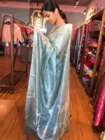 Pale Turquoise Pure Tussar Tissue Silk Saree - Image 3
