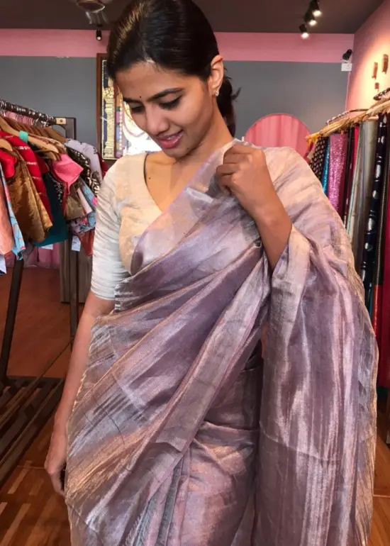 Handwoven Pure Lilac Tussar Tissue Silk Saree