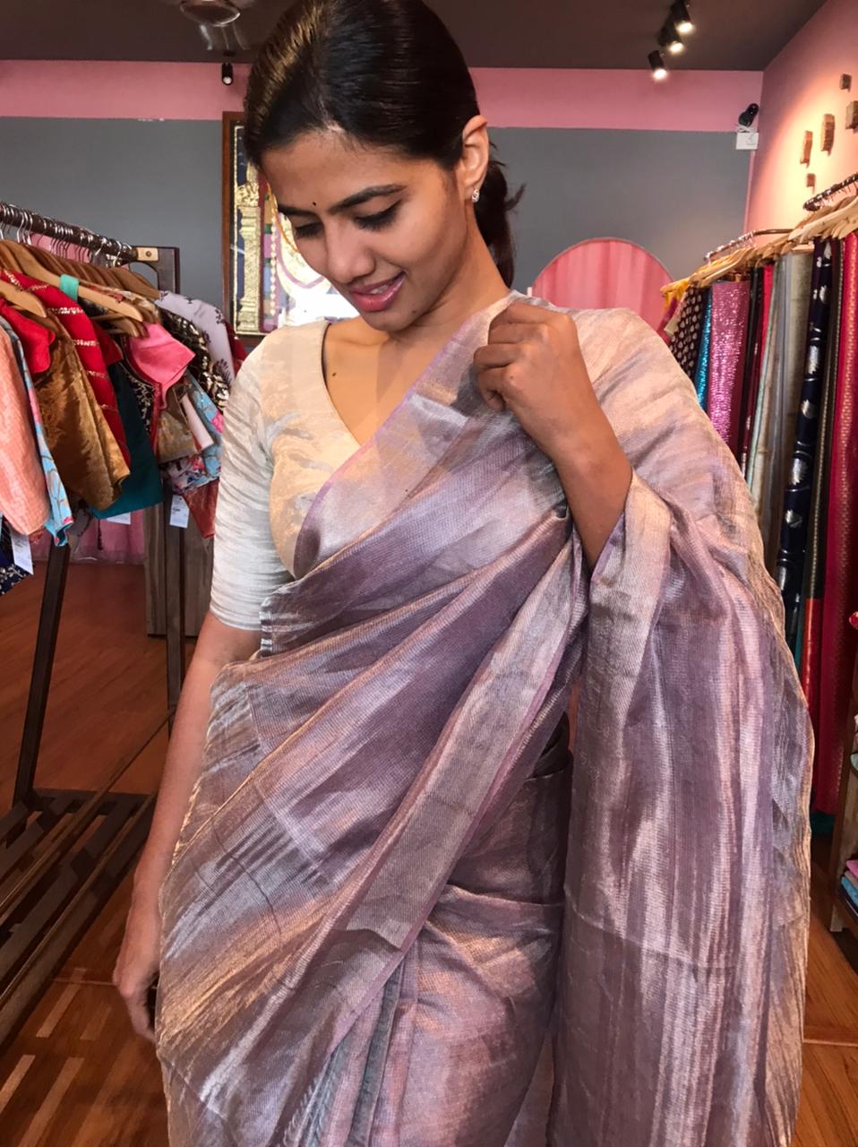 Handwoven Pure Lilac Tussar Tissue Silk Saree | Mirra Clothing