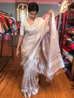 Pure Nude Brown Tussar Tissue Silk Saree - Image 5